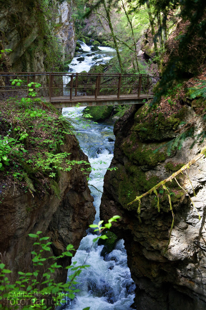 Der Weg durch die Areuse Schlucht führt über diese spektakuläre Brücke.