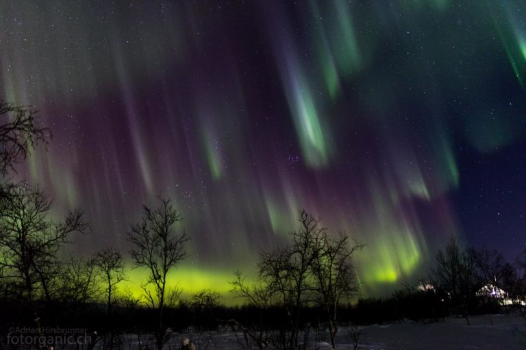 Wie ein Schauer mit glühenden Tropfen stehen die Polarlichter am Himmel.