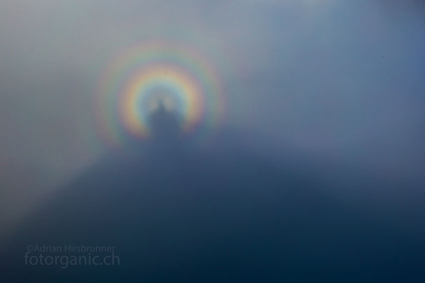 Auf dem Gipfel des Reinebringens angekommen, will der Nebel die Sicht in den Fjord erst nicht freigeben. Ich vertreibe mir die Zeit mit einem "Selbstportrait": Ein Halo zaubert den standesgemässen Heiligenschein um meine Silhouette...